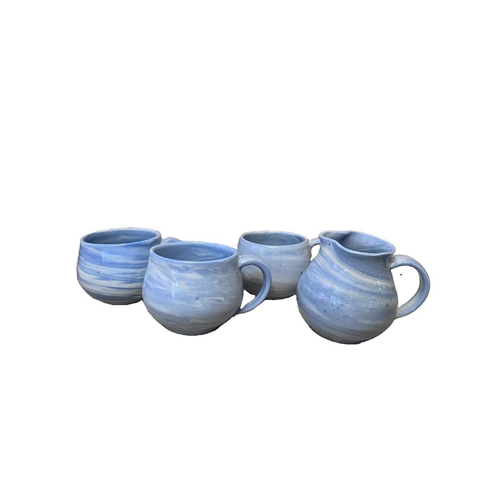 Art Pottery Blue Swirl 3 Mugs Various Sizes Creamer Glazed Glossy Artist Signed